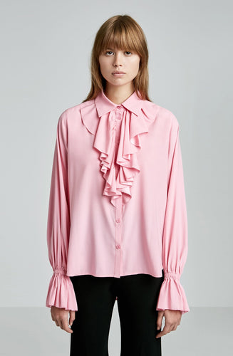 STRETCH SILK RUFFLE BLOUSE