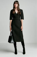 BONDED WOOL LACE V NECK DRESS