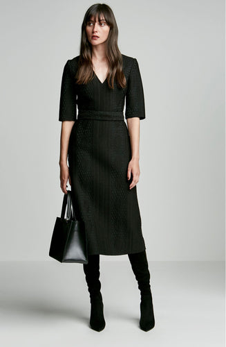 BONDED WOOL LACE V NECK DRESS