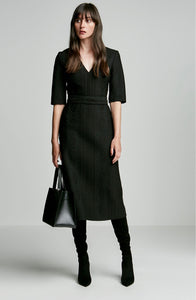 BONDED WOOL LACE V NECK DRESS
