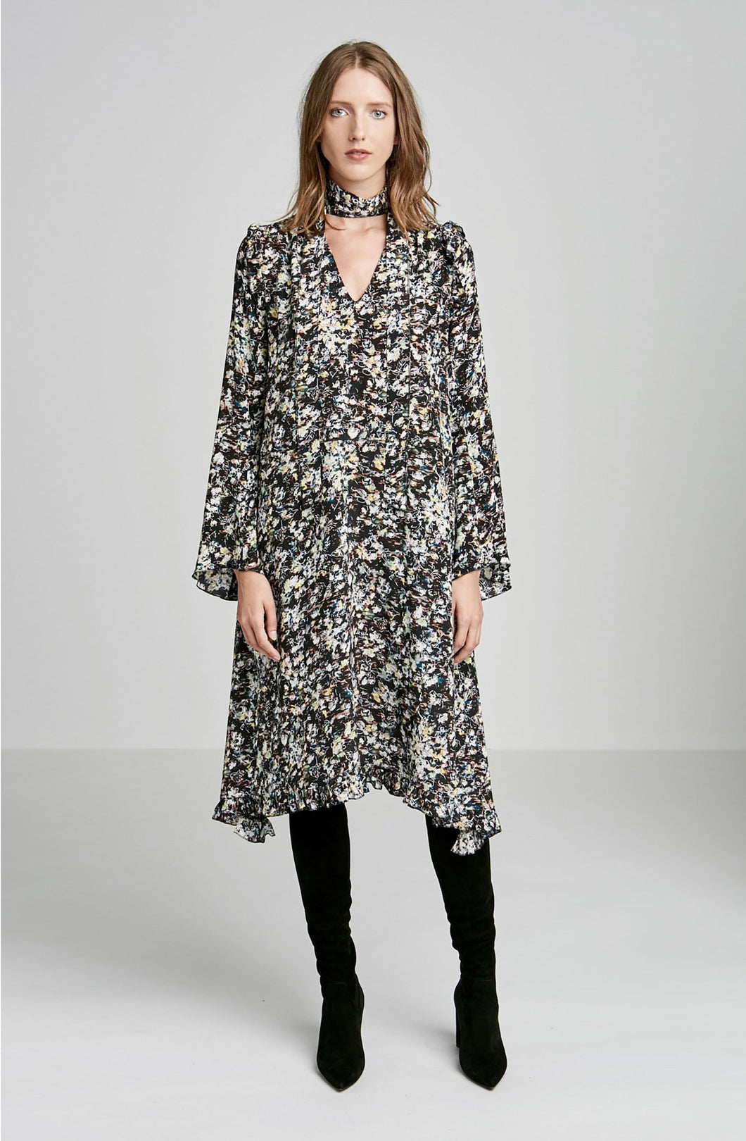 PRINTED RUFFLE HEM DRESS