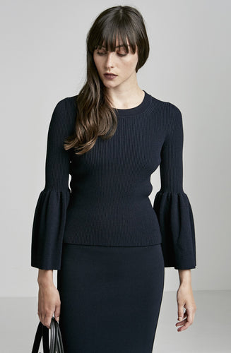 CREPE KNIT CROP FLARED SLEEVE SWEATER