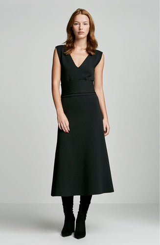 CREPE KNIT COLD SHOULDER V-NECK DRESS