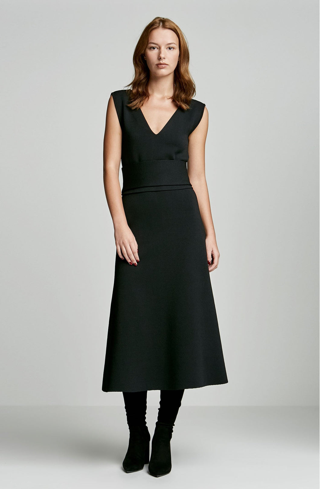 CREPE KNIT COLD SHOULDER V-NECK DRESS