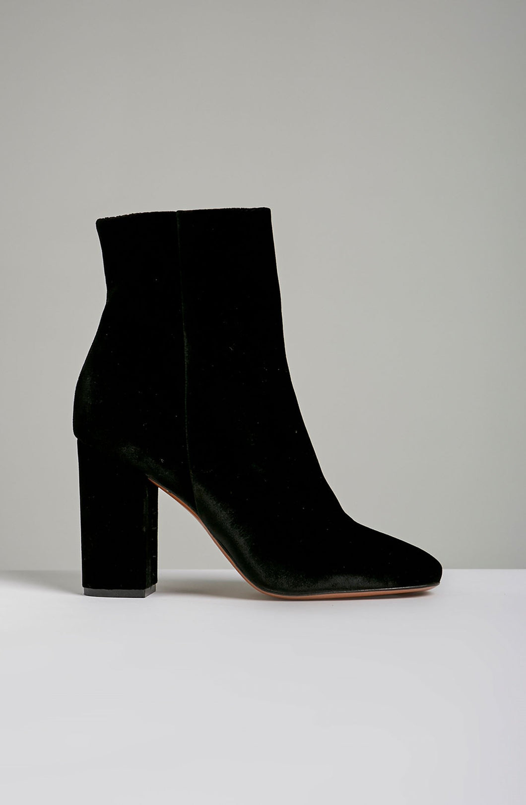 VELVET BLOCK HEEL ANKLE BOOT